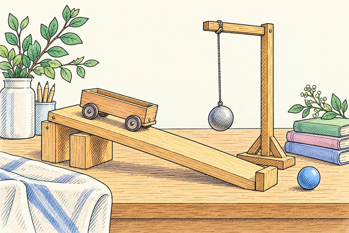 Illustrazione a colori pastello di un esperimento di meccanica